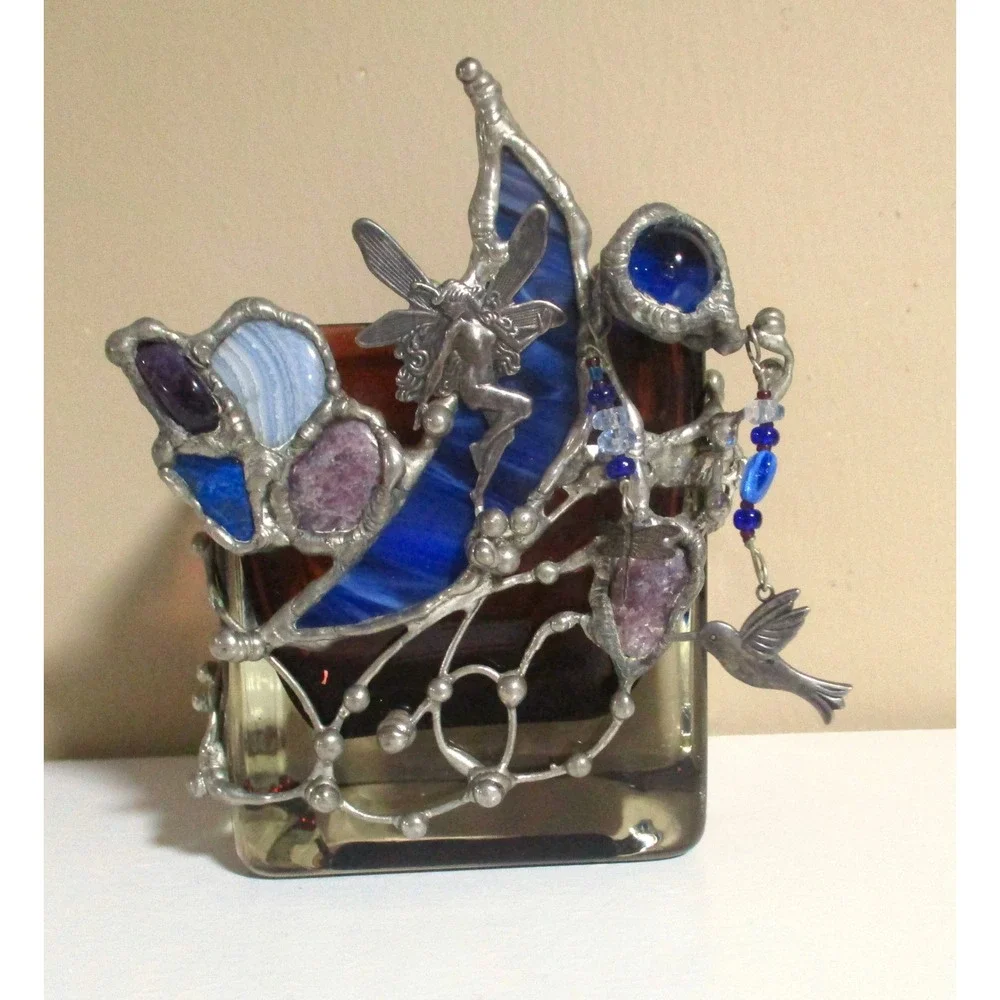 Art Glass Fairy Votive Holder Pewter Metal Moon Amethyst Hummingbird Whimsical